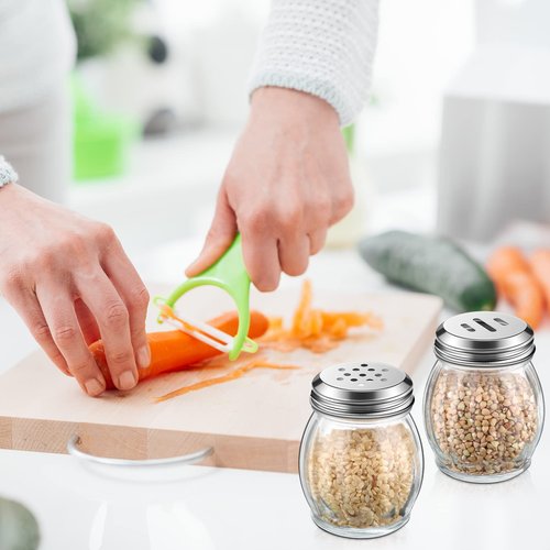 Hotop 24 Pieces Glass Spices Shaker with Perforated Top Cheese Shaker with Slotted Stainless Steel Top Retro Swirl Style Jar