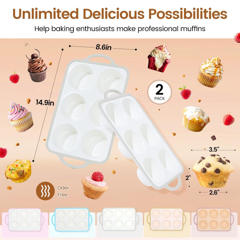 Fimary Silicone Jumbo Muffin Pan with Metal Frame, Non Stick Food Grade Silicone Large Muffin Pan, with Handles 6 Cup,BPA-Free and Dishwasher Safe, Jumbo Cupcake Pans - 2 Piece Gray