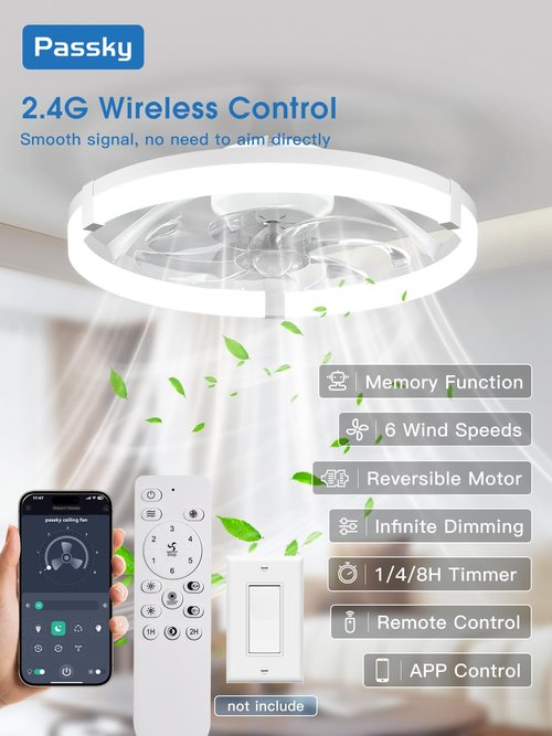 Passky 19.7” Low Profile Ceiling Fan with Lights and Remote, Dimmable LED Flush Mount Fandelier, 6 Speeds, 3000K–6000K, White Modern Ceiling Fan for Bedroom, Kitchen, Living Room