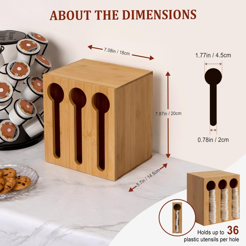 ANBOXIT Bamboo Utensil Dispenser for Spoons and Forks, Plastic Utensil Holder Station with 3 Compartments, Plastic Silverware Dispenser, Cutlery Organizer for Party, Wedding, Church and Breakroom