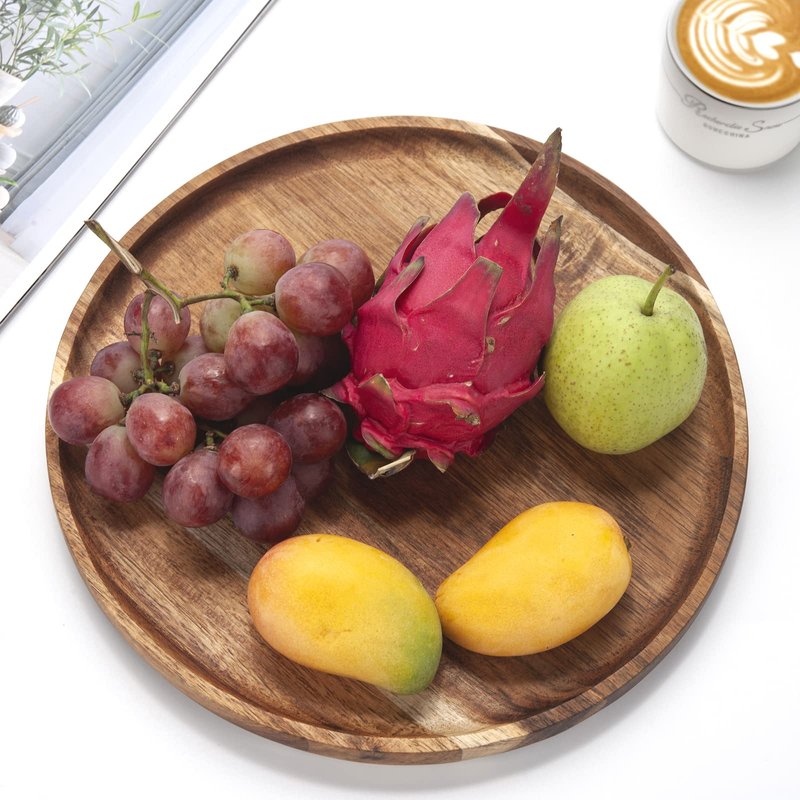 YANGQIHOME Round Wood Tray, Acacia Wooden Serving Tray, Serving Platter, Appetizer Charcuterie Board, Tray Organizer for Kitchen/Countertop, 13.8 x 13.8 x 0.8 inch