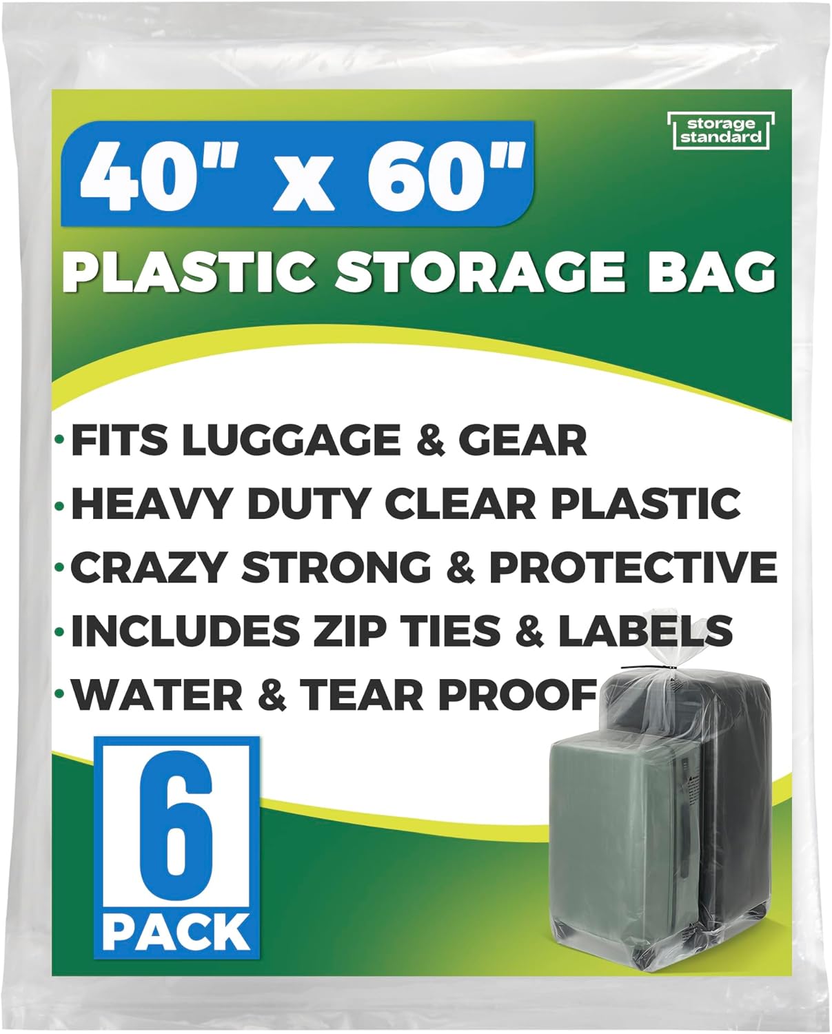 Storage Standard 6-Pack Large Clear Plastic Bags - Waterproof Heavy-Duty Zip Ties for Luggage & Travel Gear | 40 x 60 Inches