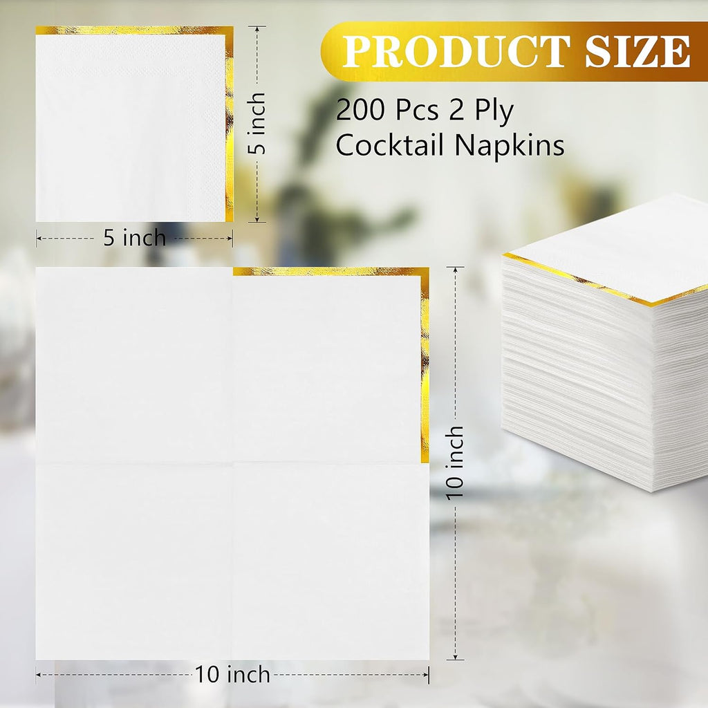 Skiennix 200 Pcs Gold Foil Cocktail Napkins - Elegant 2-Ply White Beverage Napkins for Weddings & Events