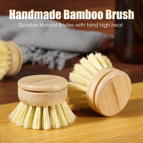 DEBETOOL Bamboo Pot Dish Brush,3 Pack Natural Wooden Scrub Brush with Sisal Fiber,Suitable for Dishes,Pans,Pot and Other Utensils-Sustainable,Kitchen Cleaning Brush with 2 Replacement Brush Heads