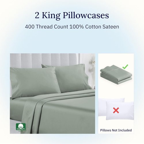 California Design Den King Size Pillowcase Set - 400 Thread Count 100% Cotton Sateen | Soft Breathable Sage Green - Set of 2