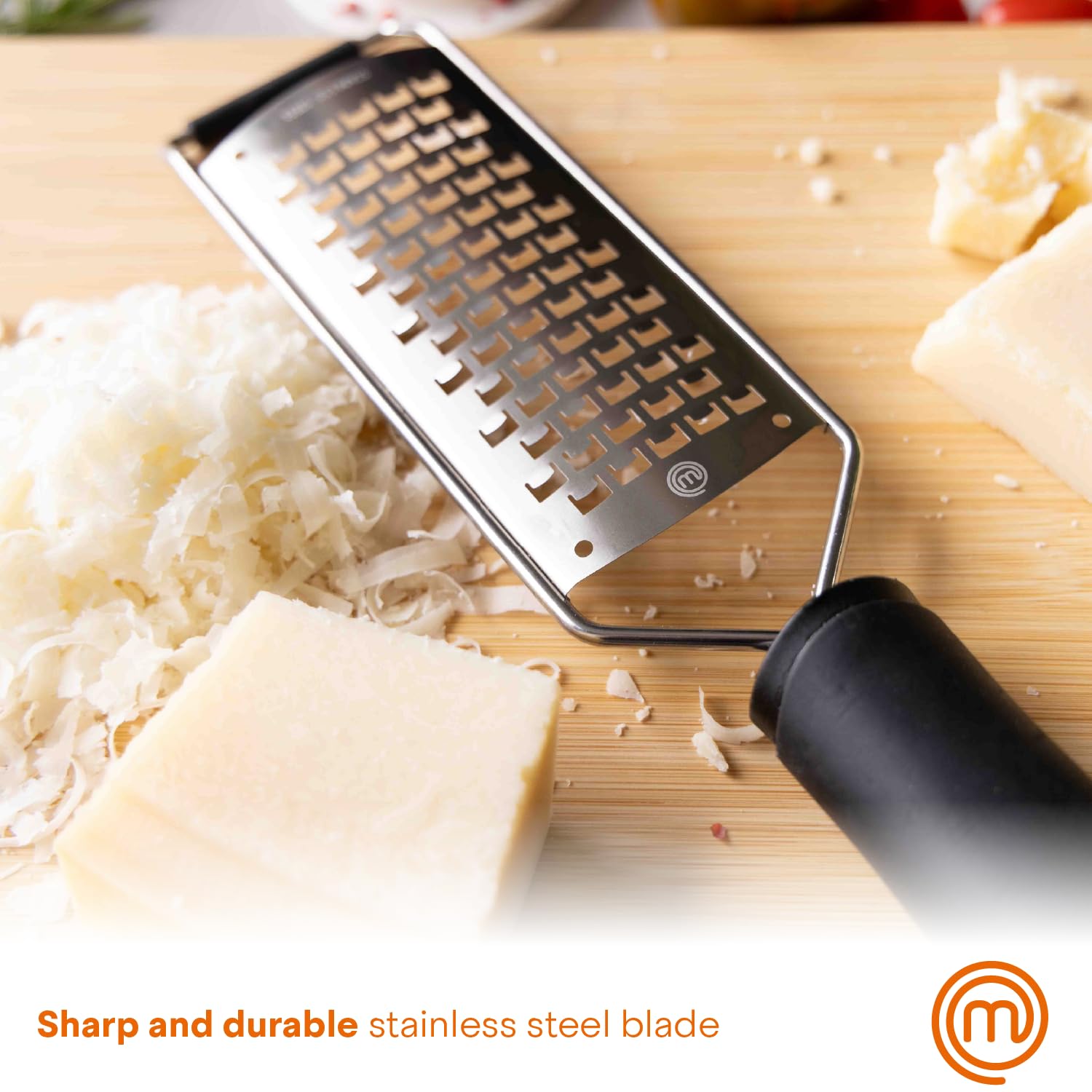 MasterChef Cheese Grater Handheld, Kitchen Food Shredder Tool for Grating Parmesan, Garlic, Ginger etc, Small Flat Zester Grater, Stainless Steel with Non Slip Rubber Foot and Easy Grip Handle