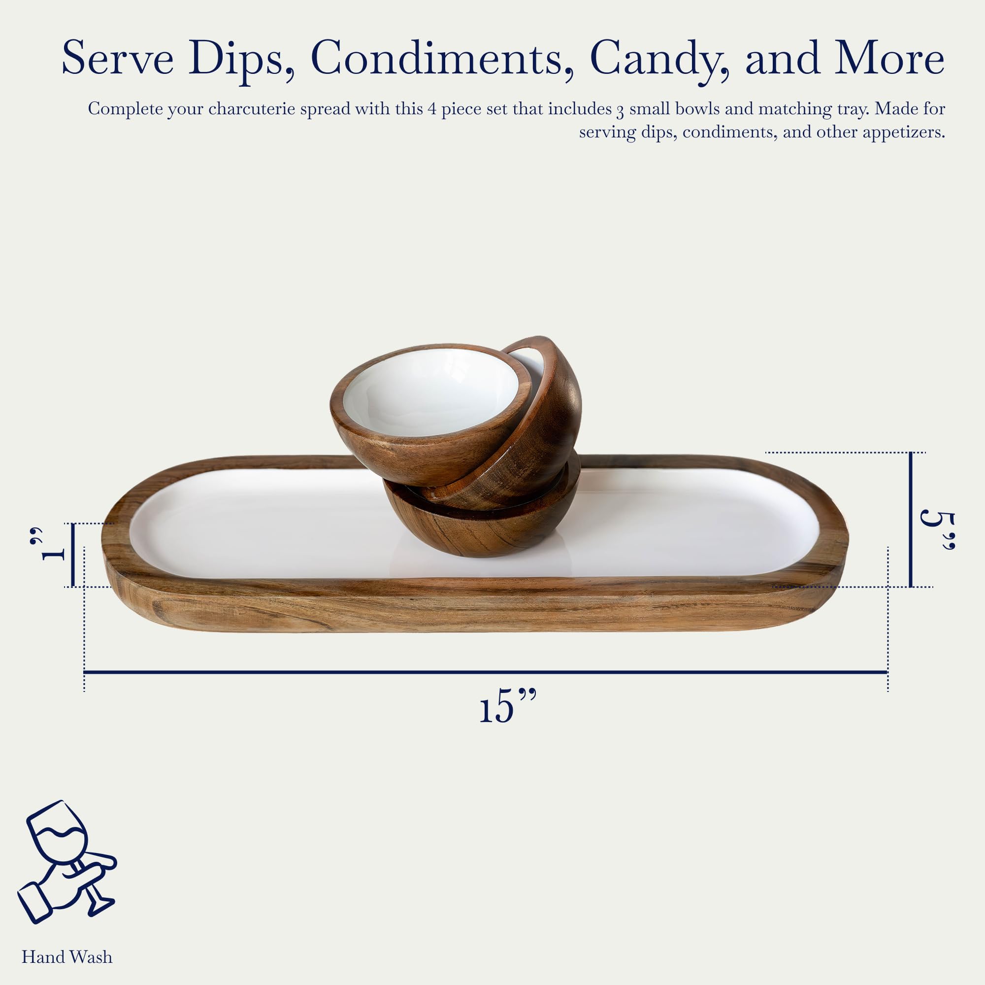 Jeanne Fitz Charcuterie Bowls, 4pc Set - 3 Small Acacia Wooden Bowls with Tray Display Storage, Decorative Wooden Kitchen Accessories, Candy Dish, Serving Dishes for Dips, Snacks, Desserts, Condiments