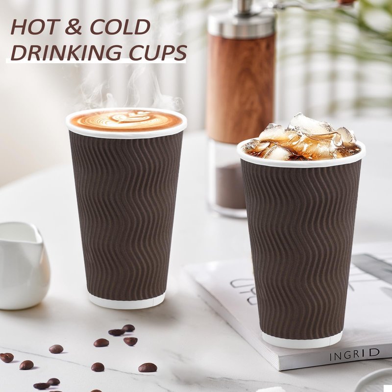 Clawsoff 90 Pack 16 oz Coffee Cups Disposable,Insulated Paper Coffee Cups,Corrugated Ripple Wall Design Paper Cup,Hot Cold Drinking Cup for Party, Picnic, Travel, Business, Home