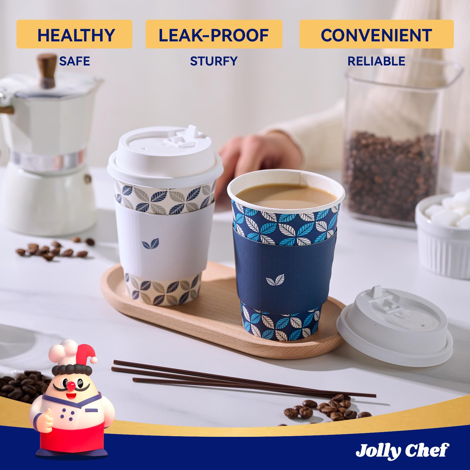 JOLLY CHEF 12oz Paper Coffee Cups 100 Pack, Disposable To Go Coffee Cups with Lids, Sleeves and Stirrers for Christmas