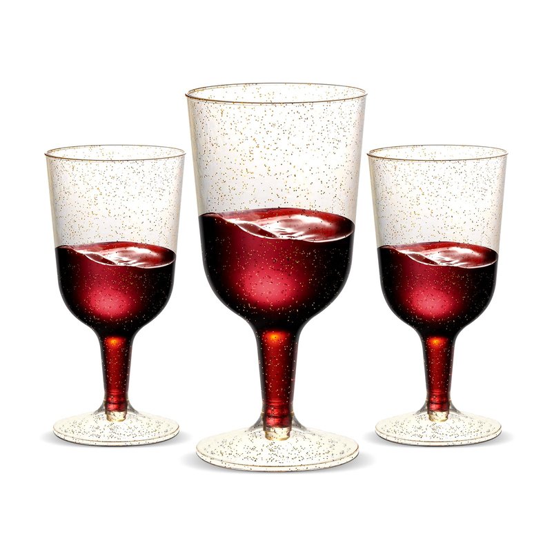 TENYASEN 30 Pack 6oz Plastic Wine Glasses – Disposable Gold Glitter Mini Stemware with Removable Base for Weddings, Parties, Champagne, Toasting
