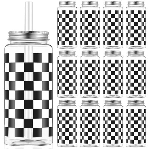 Patelai 12 Pack Race Car Cups 13.5 oz Plastic Tumbler with Lid and Straw Checkered Flag Party Supplies Clear Black Plaid Cups for Race Car Birthday Sports Themed Party Supplies