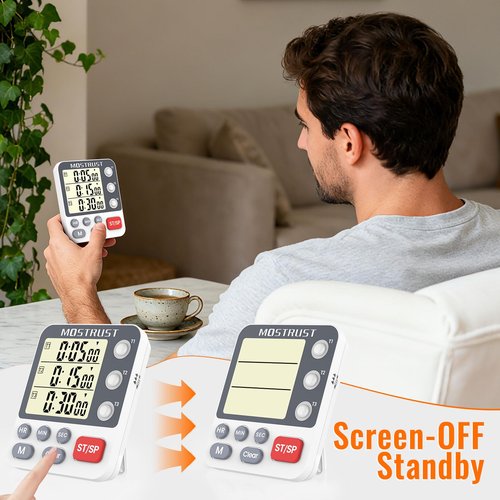 MOSTRUST Digital Dual Kitchen Timer, 3 Channels Countdown Triple Timer for Cooking, Magnetic Memory-Preset Large Display Adjustable Alarm Volume, Multi Times Management, 3A Battery Included, White