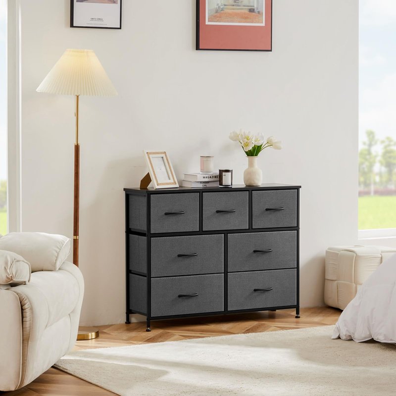 OLIXIS Dresser for Bedroom, 7 Storage Drawers, Wide Fabric Closet Chests Organizer Tower Furniture, TV Stand with Wooden Top Metal Frame for Clothes, Living Room, Hallway, Entryway, Grey