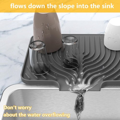 Silicone Drying Mat for Kitchen Counter , Dish Drying Rack Matt with Built in Drain, Small Dry Mats for Dishes Drying Pad for Kitchen Counter (14.6×11inch, gray)