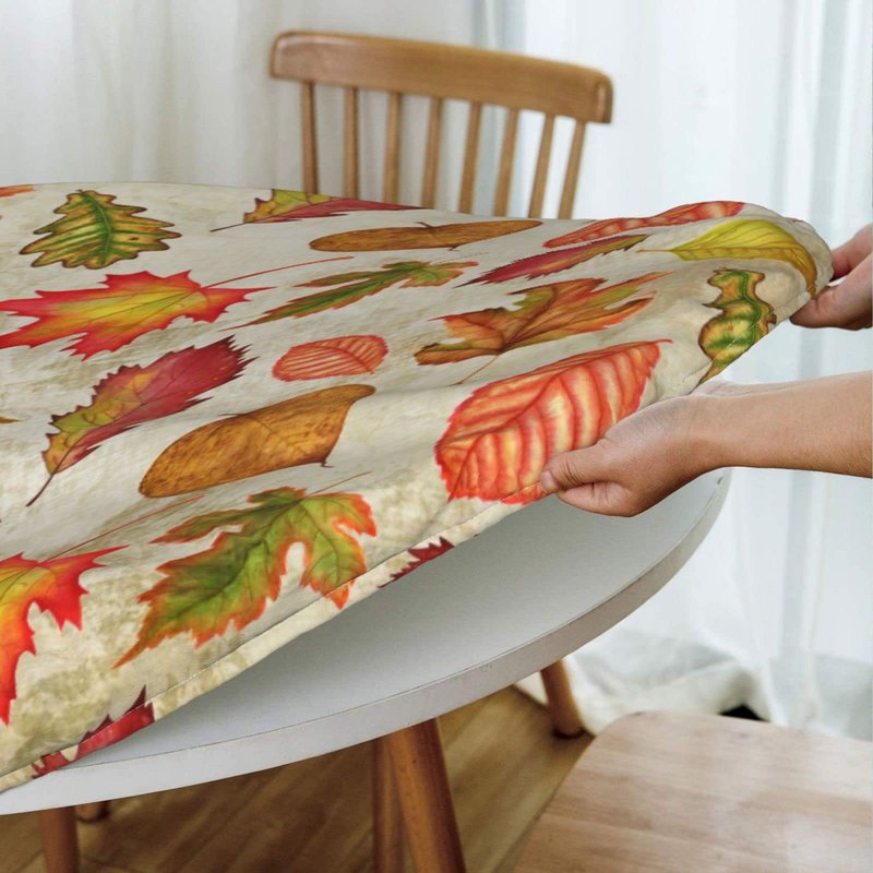 WOAIDY Elastic Edged Round Fall Maple Leaves Fitted Table Cloth Cover, Home Decorative Tablecloth for Indoor Outdoor Kitchen Party, Fits 40" - 44" Tables, Small