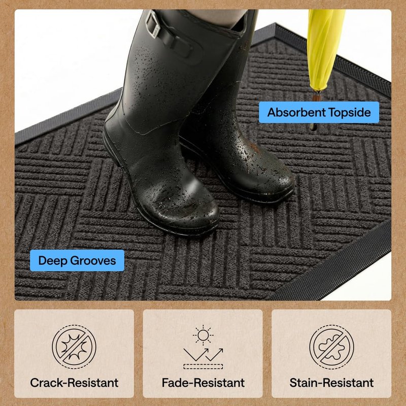 GORILLA GRIP 100% Waterproof All-Season WeatherMAX Doormat, 47x35, US Designed Natural Rubber, Stain and Fade Resistant, Low Profile Indoor Outdoor Door Mats, Easy Clean Patio Mat, Gray Diamond