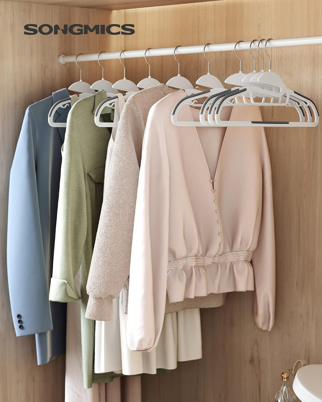 SONGMICS Heavy-Duty Plastic Coat Hangers - Space-Saving Design with 360º Swivel Hook | 50 Pack, Cloud White & Dark Gray
