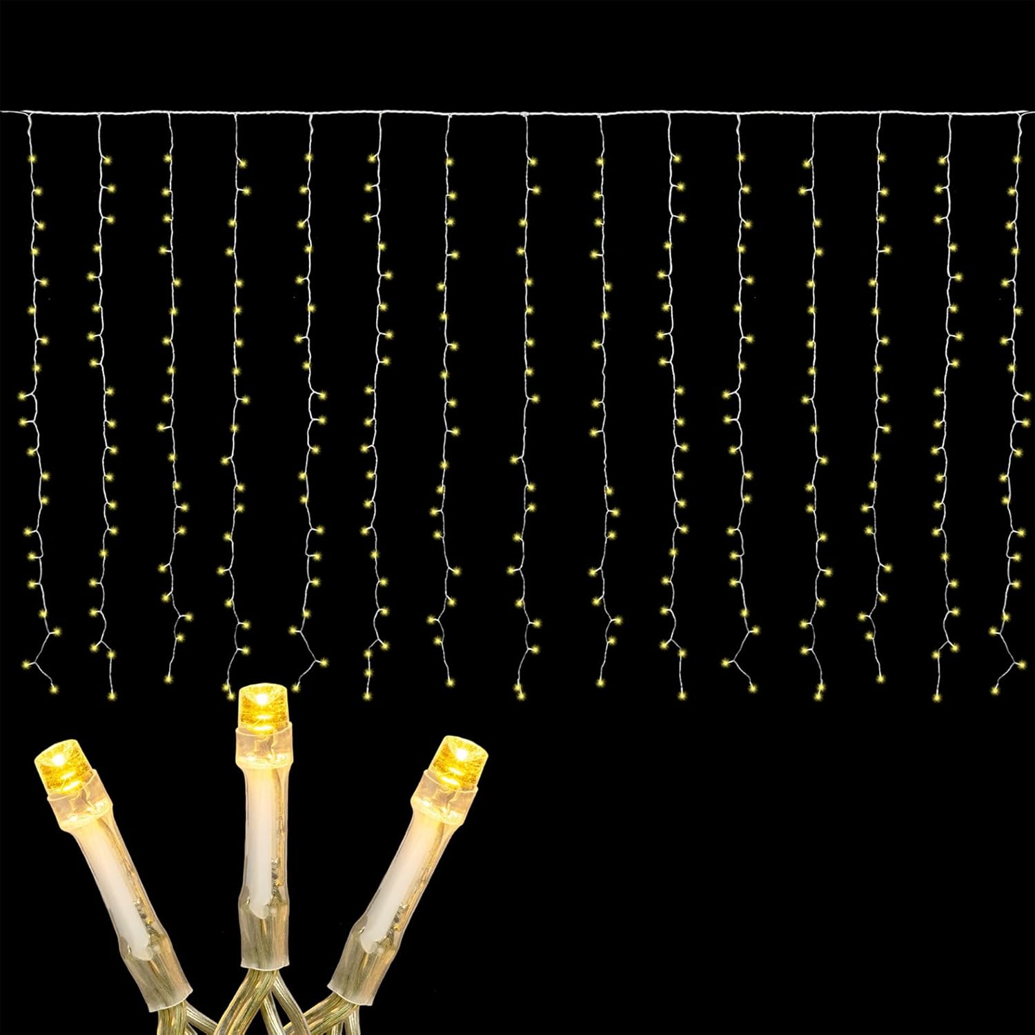 Novelty Lights LED Curtain Light Set - 300 Warm White LEDs | 8 Functions, Clear Wire Design