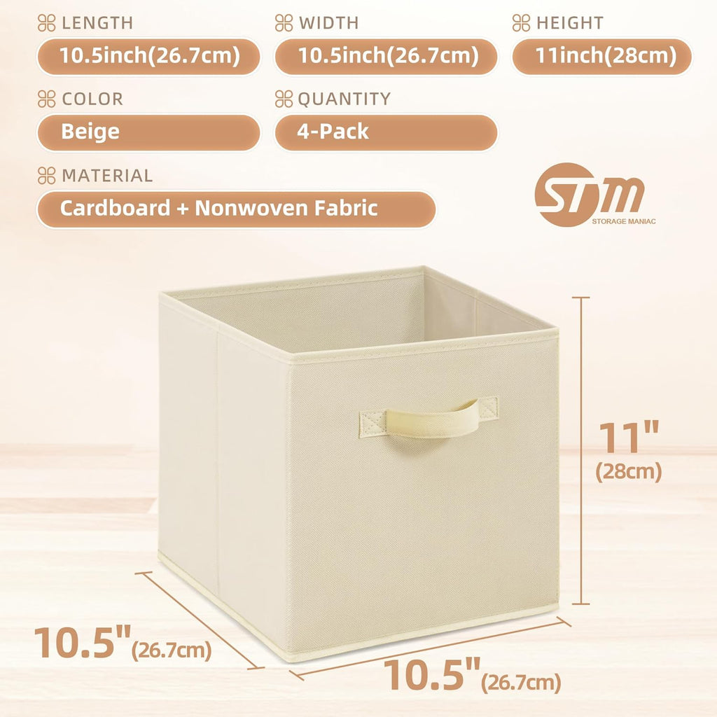 **Storage Maniac 11-Inch Collapsible Storage Cubes - Durable Fabric Bins for Closet & Office | 4-Pack Beige**