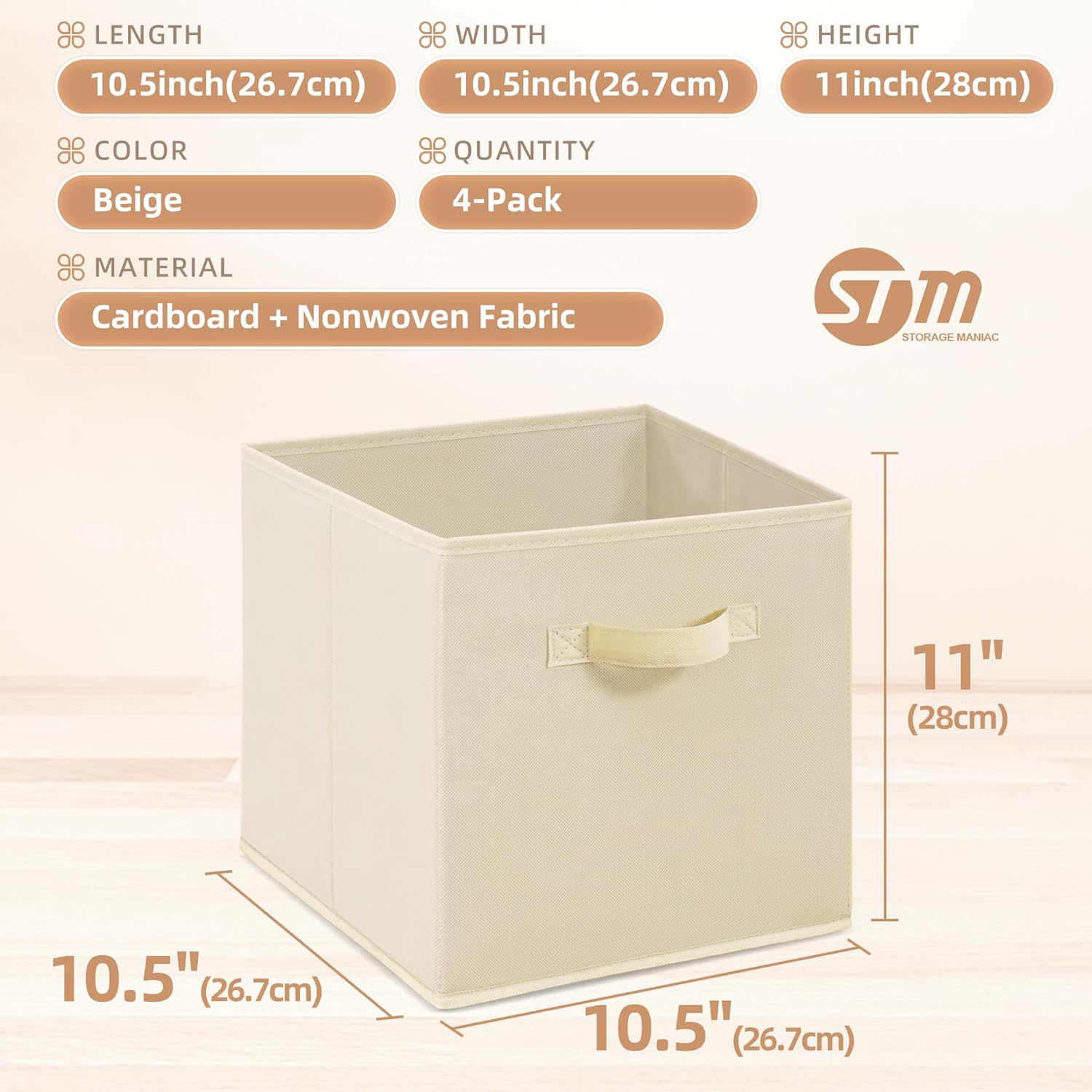 **Storage Maniac 11-Inch Collapsible Storage Cubes - Durable Fabric Bins for Closet & Office | 4-Pack Beige**
