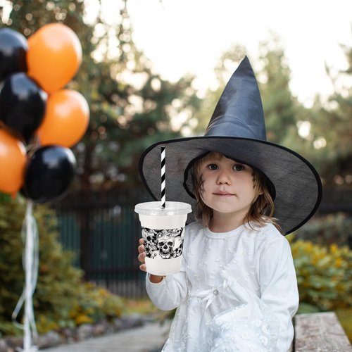 Whaline 50Pcs 12Oz Halloween Disposable Plastic Cups with Lids and Straws Black Gothic Sketch Skull Floral Cold Beverage Drinking Cups for Trick or Treat Party Supplies