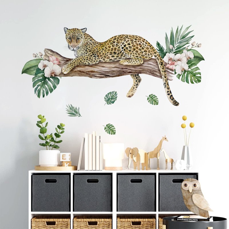 Yovkky Cheetah Leopard Wall Decals Stickers, Safari Jaguar Trunk Palm Leaves Home Bedroom Decor, Wild Jungle African Animal Tropical Flower Living Room Kitchen Decorations Art