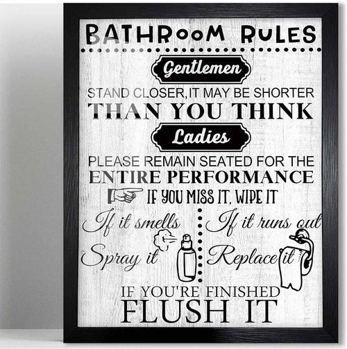 Biufo Bathroom Rules Wall Art - Framed Canvas Print with Inspirational Quotes | 8"x10" Size
