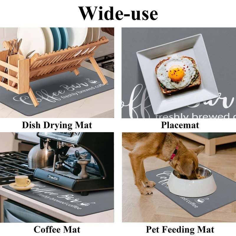 SHACOS Coffee Bar Mats 2 pcs 12x19 Inch Absorbent Non Slip Rubber, Waterproof Heat Resistant, Gray