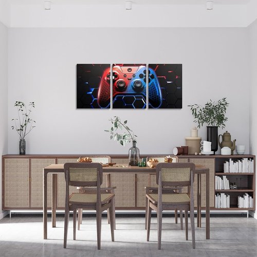 Manfei Games Canvas Wall Art - Set of 3 Honeycomb Gamepad Prints | Red & Blue Gamer Decor for Kids' Rooms