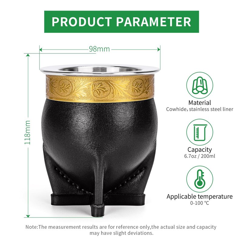 Cuopru Premium Argentina Imperial Yerba Mate Cup with Bombilla Mate (Straw) Set, Baroque Style, Leather Gourd, 304 Stainless Steel Inner (Black)