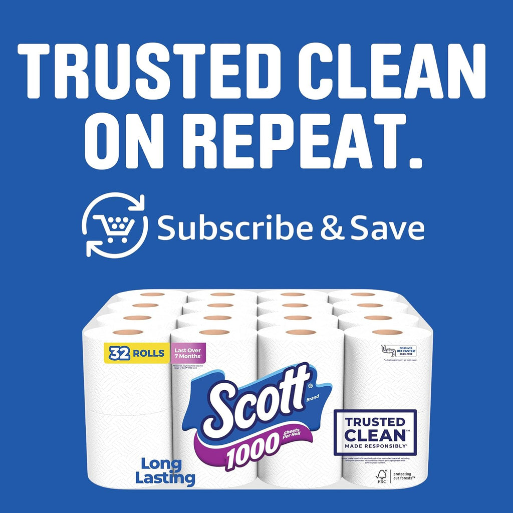 Scott 1000 Toilet Paper - Trusted Clean, Septic-Safe, 1-Ply | 32 Rolls for Ultimate Comfort