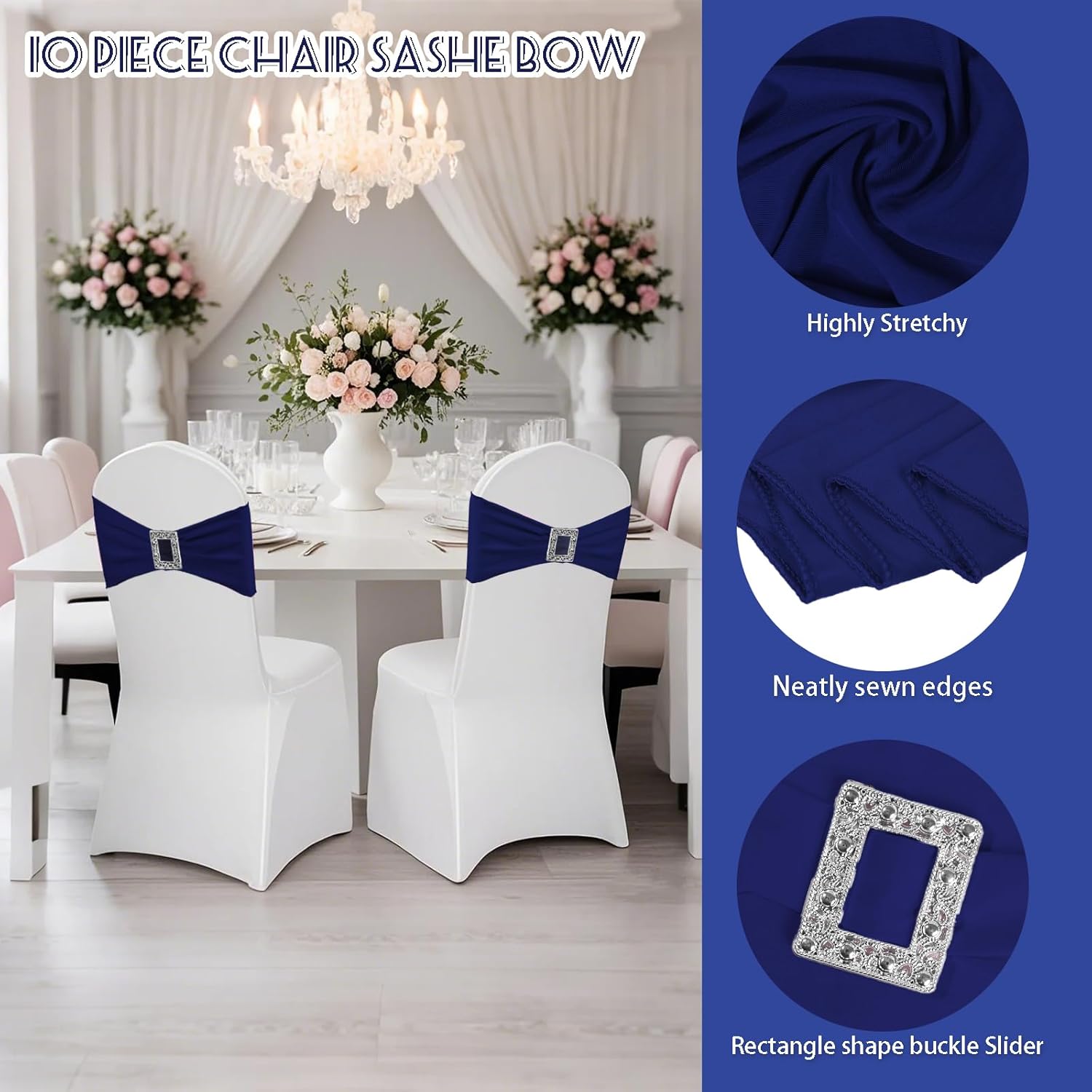 Skiennix Spandex Stretch Chair Sashes - 100 Pack Elastic Covers with Buckle Slider for Weddings & Events | Navy Blue