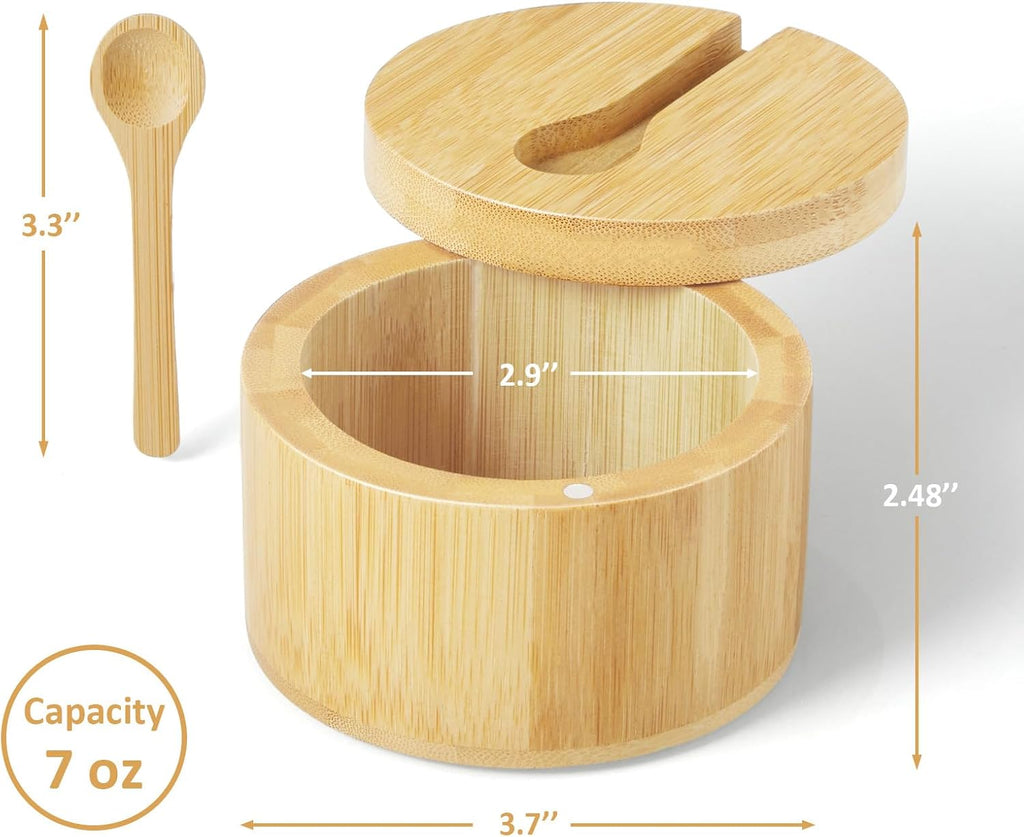 OUTNILI Bamboo Salt Box Bowl with Lid & Spoon - 360° Swivel Salt Cellar for Sea Salt & Herbs, 7 Ounce
