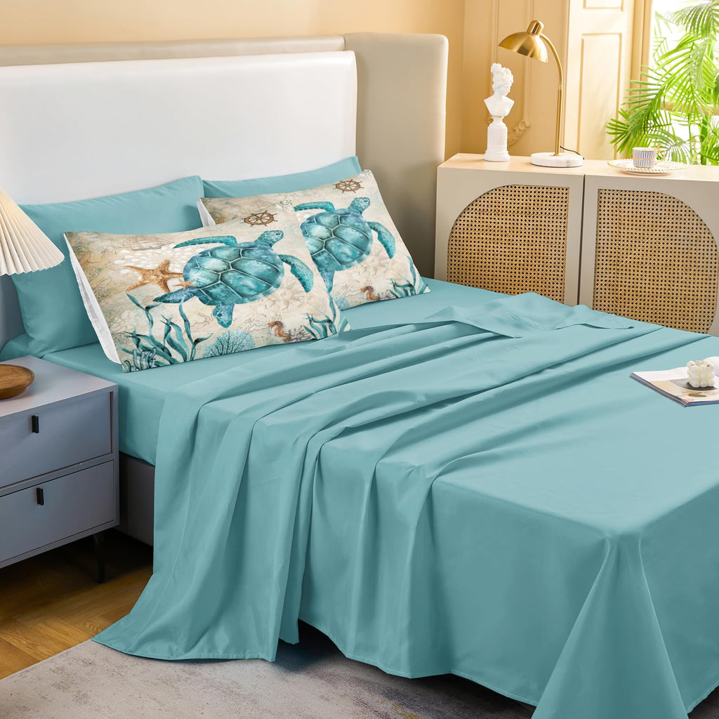 Merryword 8 Pieces Blue Green Comforter Set Full Size Ocean Life Bed in a Bag Turtle Beach Bedding Set Hawaii Style Summer Lightweight Bedding Comforter Set