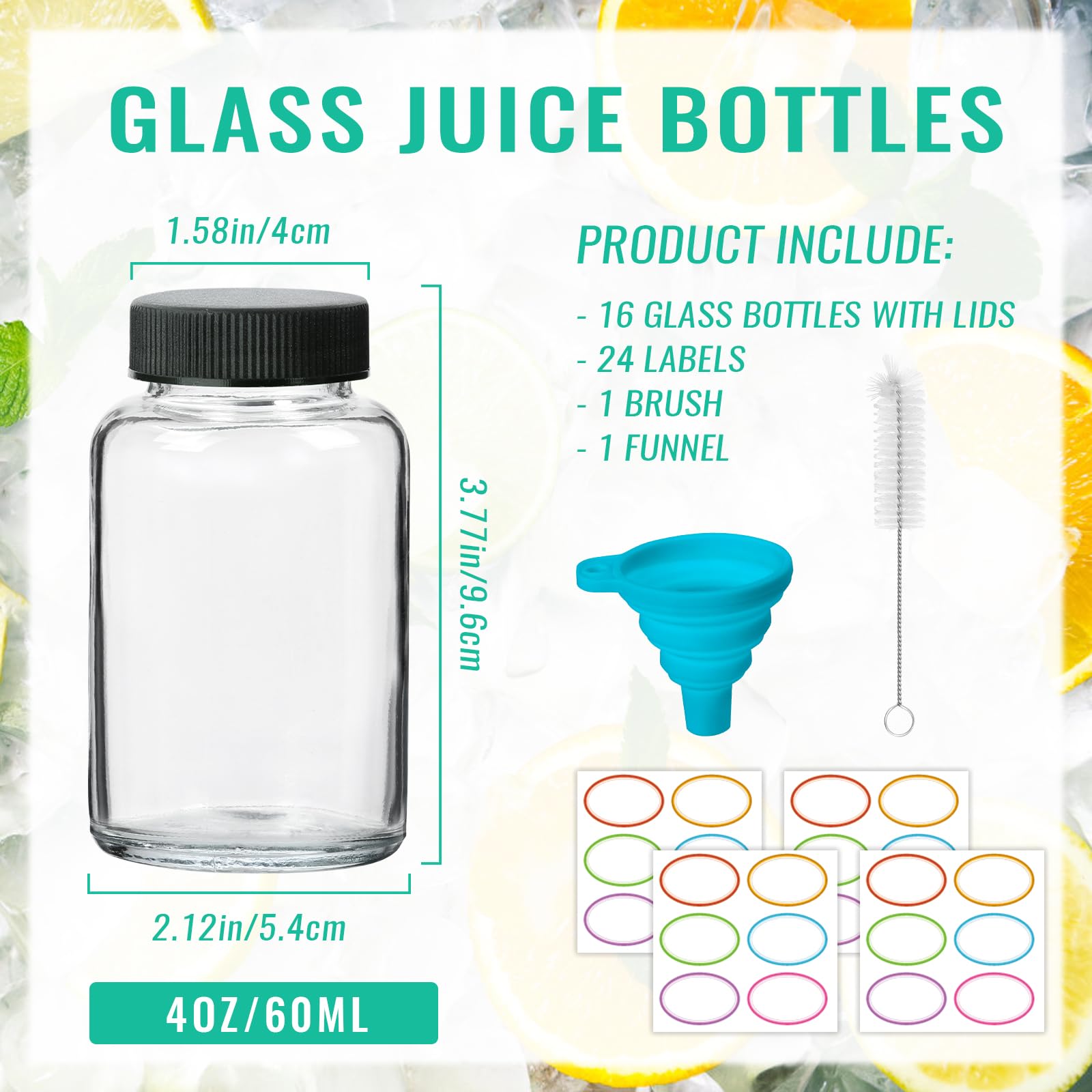 CAKKVDE 16 Pack 4 oz Glass Ginger Shots Bottles with Black Caps,Leakproof 4 oz Juice Glass Bottles with Lids for Wellness Shot,Ginger,Beverages