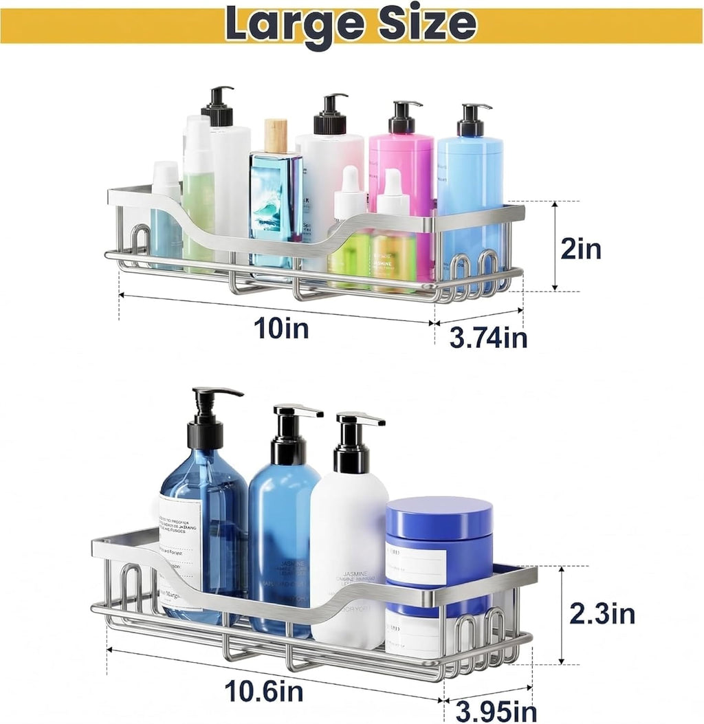OMAIRA Shower Caddy - 3-Pack Rustproof Organizer with Soap Holder for Smooth Walls & Glass Tile - Silver (Large)