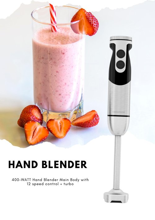 MEGAWISE new Hand Blender Series Only one Hand Blender,no attachments,12-Speed,Includes Powerful Blender Stick- Easy to Clean and Perfect for Smoothies, and More (black)