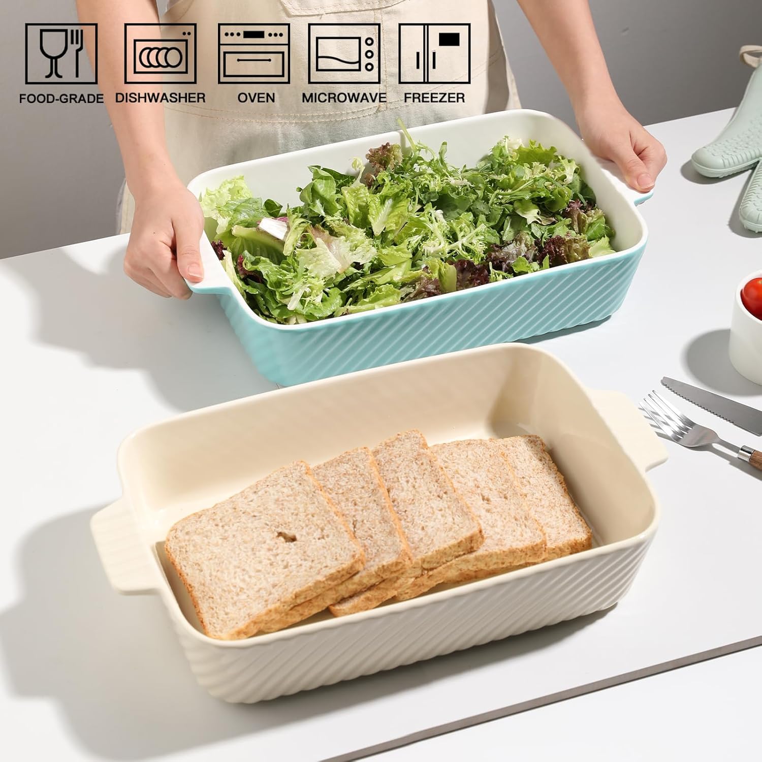 Sweejar Ceramic Baking Pan - 13 x 9 Porcelain Dish for Brownies & Lasagna | Turquoise Casserole with Handle