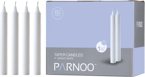 Chimes White Taper Candles - Dripless Set of 60 | 4 Inch Tall, 1/2 Inch Diameter, 1.5 Hour Clean Burn