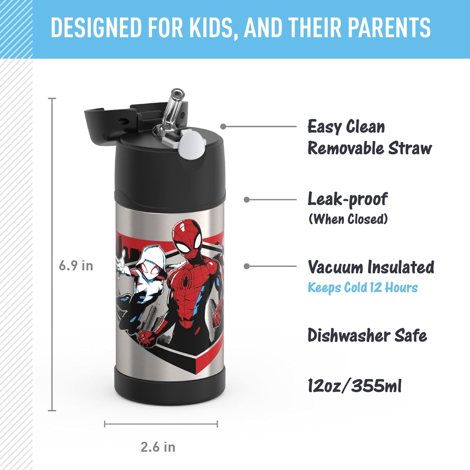 THERMOS FUNTAINER Water Bottle - 12 Ounce Kids Stainless Steel Vacuum Insulated with Straw | Spiderman Design