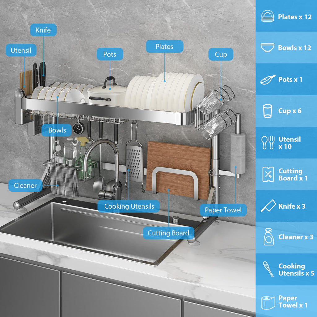Shrivee Over The Sink Dish Drainer Drying Rack, 2 Tier Adjustable Width (20.87'' to 37.6'') 304 Stainless Steel Large Over Sink Dish Drying Rack for Kitchen Counter Organizer, (Silver)