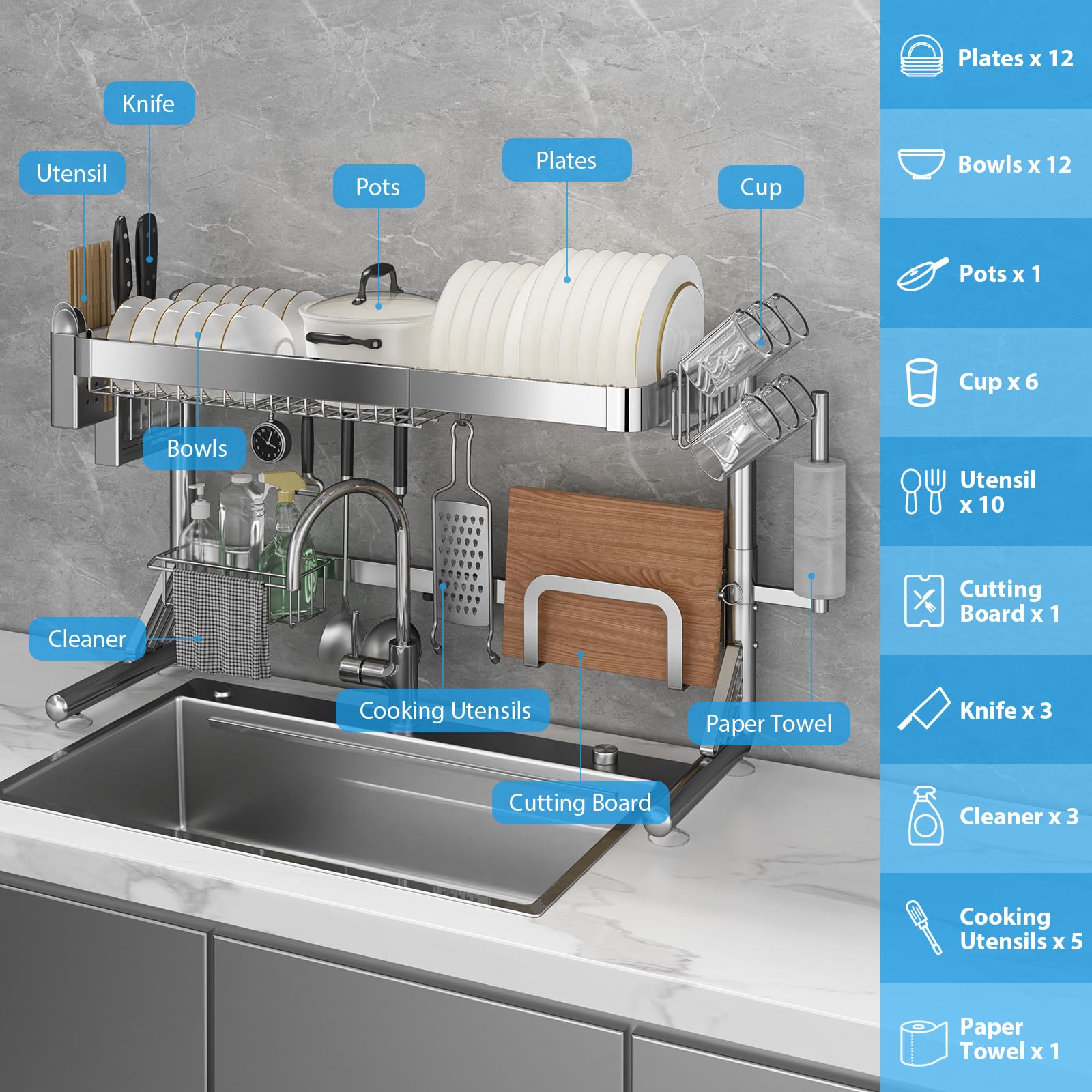 Shrivee Over The Sink Dish Drainer Drying Rack, 2 Tier Adjustable Width (20.87'' to 37.6'') 304 Stainless Steel Large Over Sink Dish Drying Rack for Kitchen Counter Organizer, (Silver)