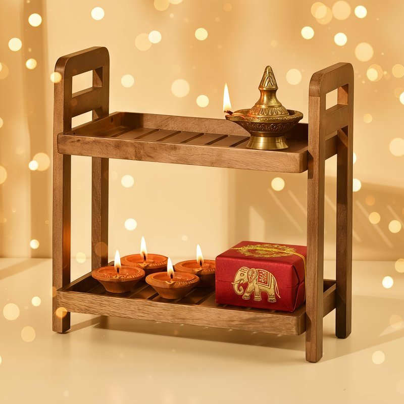 Brick Brown Premium Cocoa Kitchen Wooden Organizer 2-Tiered Serving Stand| Display Snacks, Fruits & Desserts | Kitchen & Dining Organizer in Mahogany Finish (Self Assembly)