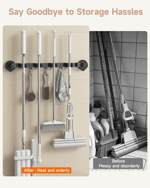 2026 Upgrade Broom Holder by [Brand Name] - Wall-Mounted Organizer with 4 Racks & 3 Hooks | Removable & Reusable for Home, Kitchen, Laundry