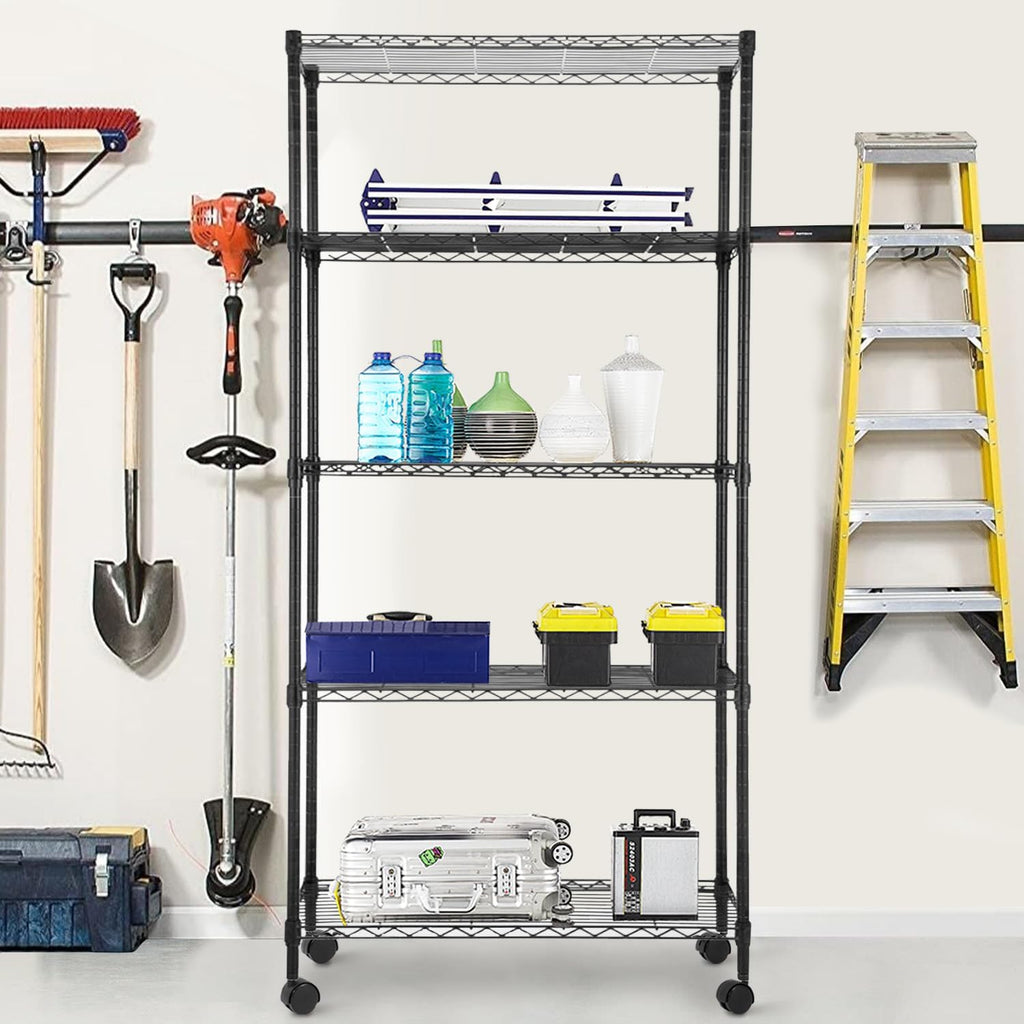 PayLessHere 5-Tier Wire Shelf with Wheels - Adjustable Heavy-Duty Storage Rack | Black | 14"x30"x60" | Rust-Resistant, No-Tool Assembly