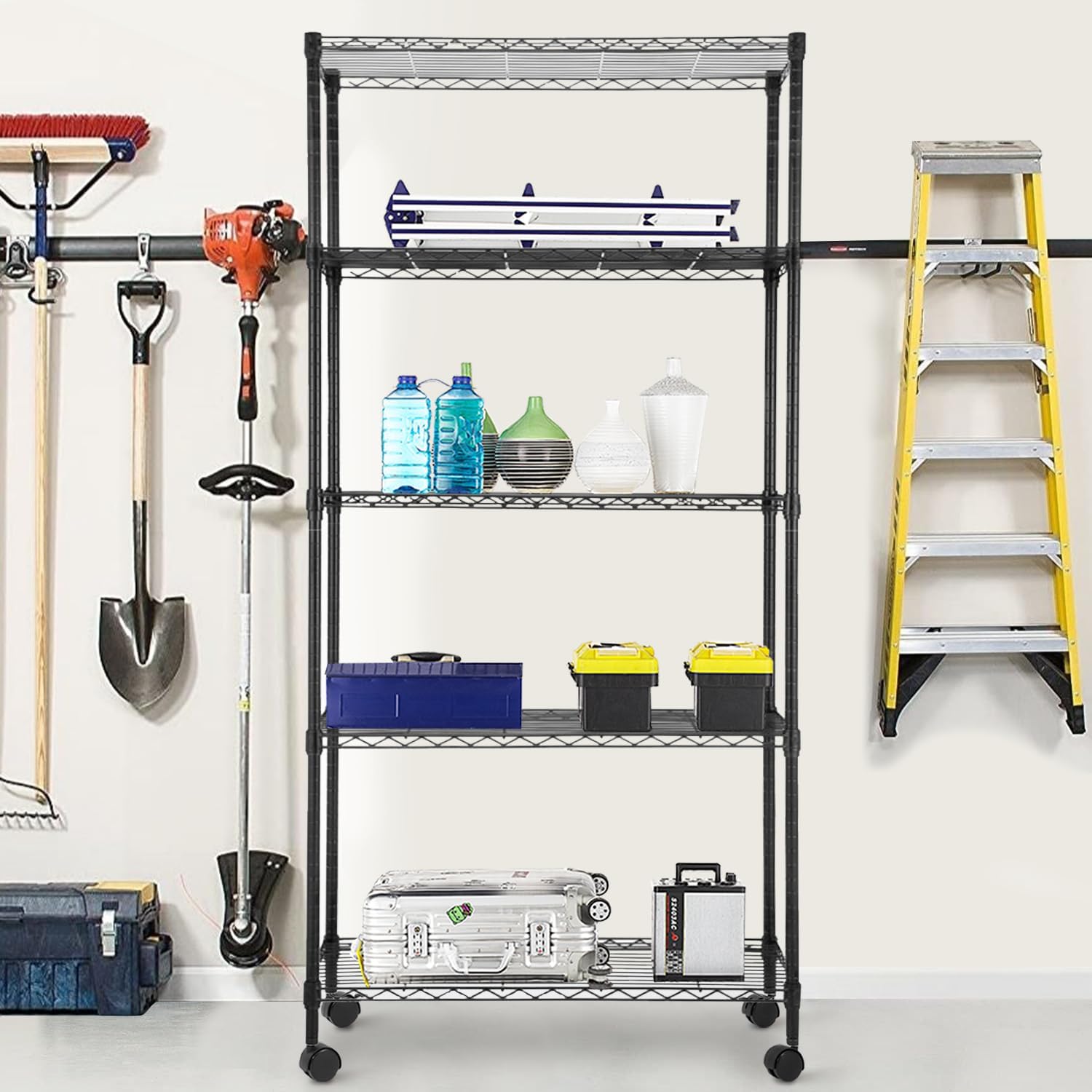 PayLessHere 5-Tier Wire Shelf with Wheels - Adjustable Heavy-Duty Storage Rack | Black | 14"x30"x60" | Rust-Resistant, No-Tool Assembly