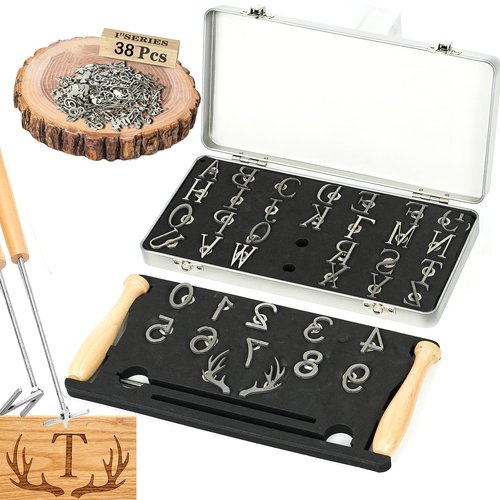 1" 38 Pcs Branding Iron for Wood Leather Hats, Alphabet A-Z Number 0-9 & 1.6" Antlers Design Gifts for Wedding & Hand Craft for DIY Hat Heat Press, Witchcraft Supplies(38)