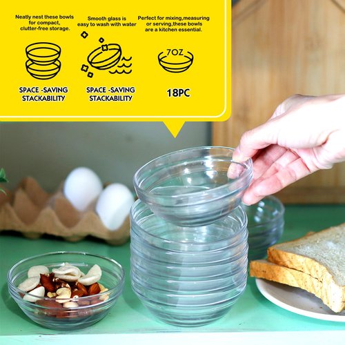 Etolies 18 pack 4 Inch(7oz) Glass Prep Pinch Bowls,Mini Clear Small Glass Bowls Set of 18,Serving Bowls Stackable for Kitchen Prep, Dips,Cooking Toppings,Condiments