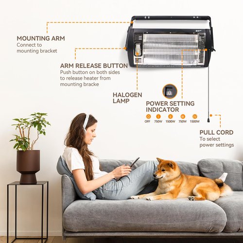 BEYOND HEAT Electric Garage Heater 120V, 750/1500W Ceiling Mount Space Heater for Garage, Shop, Patio with 90° Adjustable Tilt, Dual Quartz Radiant, Safety Metal Grille and Overheat Protection, 1-Pack
