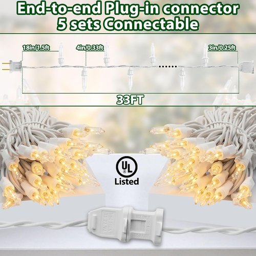 Clear Christmas Lights - 33FT Warm White Mini Lights with 100 Incandescent Bulbs | Indoor & Outdoor Holiday Decor